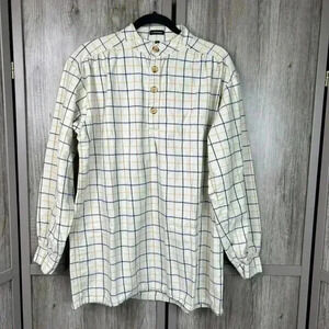J. Peterman Shirt Flannel Plaid White Henley Long Sleeves Grandpa M